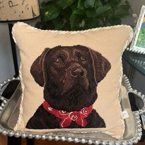 Charming chocolate lab needlepoint Accent Pillow with Red Scarf ♥️